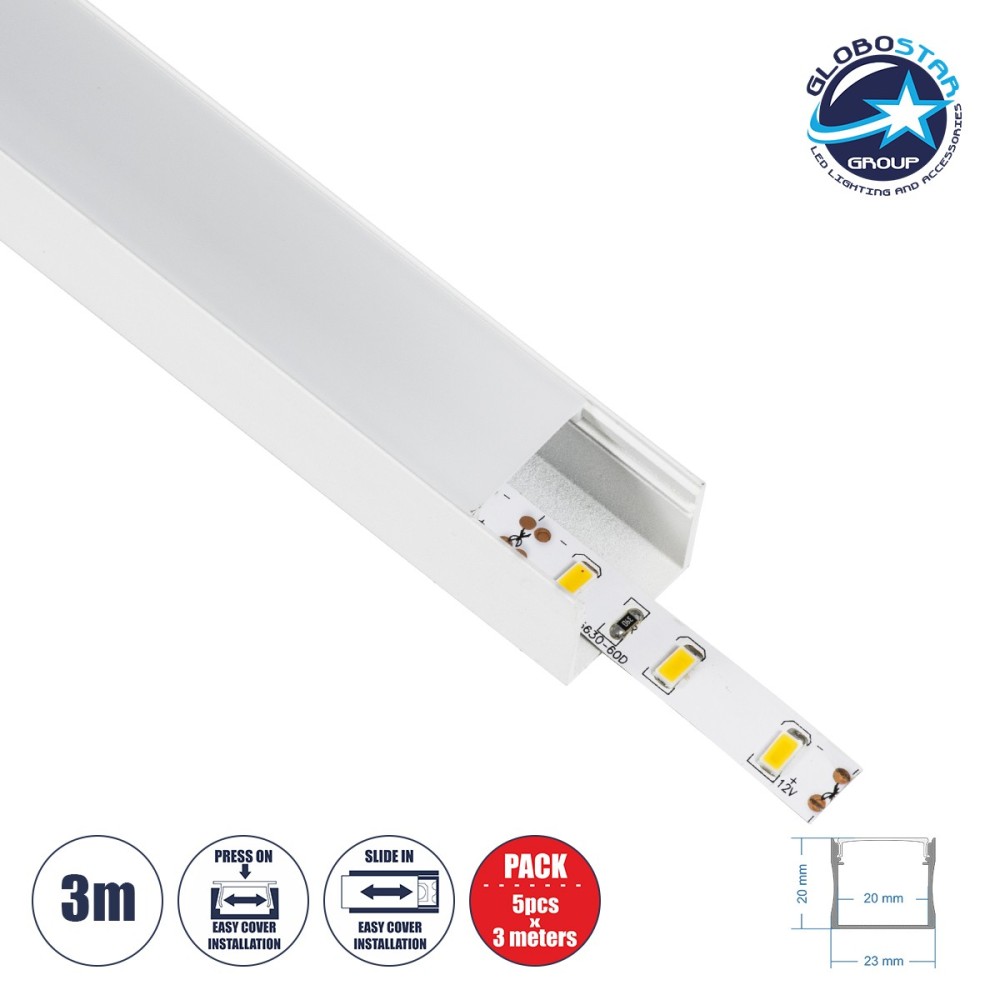 GloboStar® SURFACE-PROFILE 70868-3M Προφίλ Αλουμινίου - Βάση & Ψύκτρα Ταινίας LED με Λευκό Γαλακτερό Κάλυμμα - Επιφανειακή Χρήση - Πατητό Κάλυμμα - Λευκό - 3 Μέτρα - Πακέτο 5 Τεμαχίων - Μ300 x Π2.3 x Υ2cm